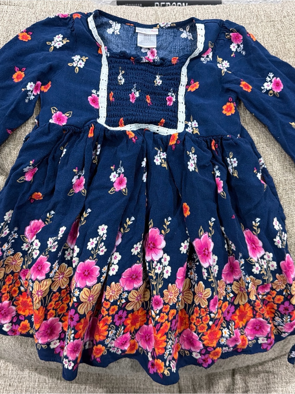 Girls' Navy Floral Long-Sleeve Dress Pink & Orange Flowers